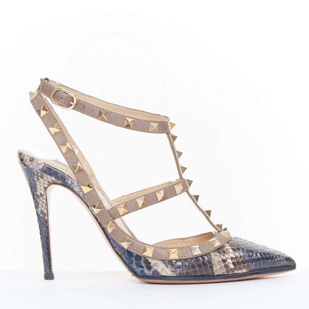 Valentino Rockstud Brown Python Leather Cage Pumps